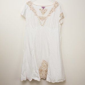 Monsoon Dress Short Sleeve Linen Embroidered Floral White Tan Plus UK Size 22